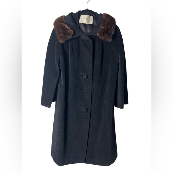 Tisse a‎ Paris Women’s Vintage Wool Coat Black 3/4 Sleeve Fur Collar 60s - Sz. S